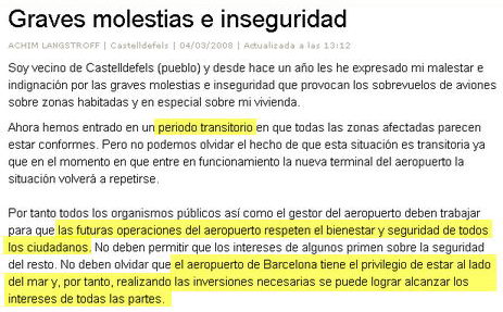 Carta publicada en el diario "La Vanguardia" de un vecino de Castelldefels solicitando que el aeropuerto del Prat no incremente las molestias en el futuro (4 de marzo de 2008)